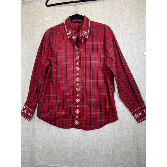 Karen Scott Sport Women Red Plaid Snowflake Embroidered Button Down Shirt Size S - Picture 5 of 11